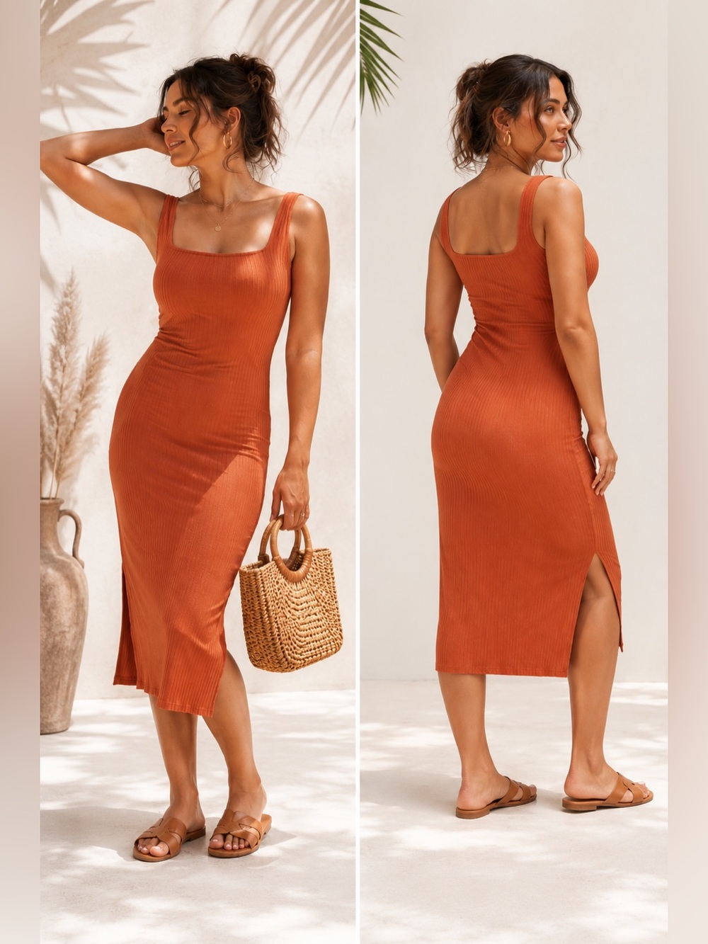 Wild Fable Rust Orange Ribbed Square Neck Midi Bodycon Dress L
